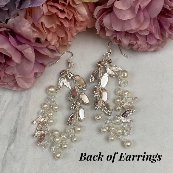 Stunning Crystal Pearl Silver Leaf Bridal Earrings - Picture 14 of 16
